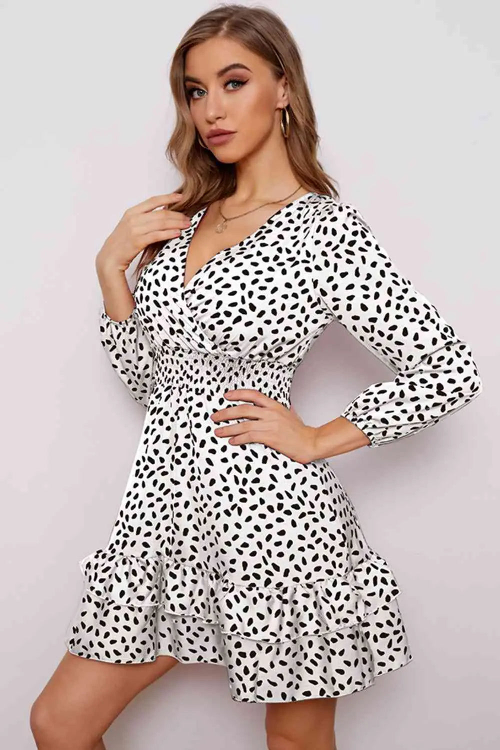 Printed  Neck Puff Sleeve Ruffle Hem Dress -BazaarBey - www.shopbazaarbey.com