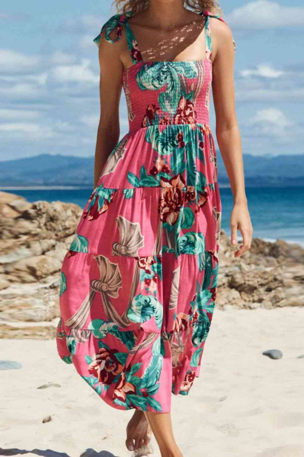 Floral Smocked Tie-Shoulder Tiered Dress -BazaarBey - www.shopbazaarbey.com