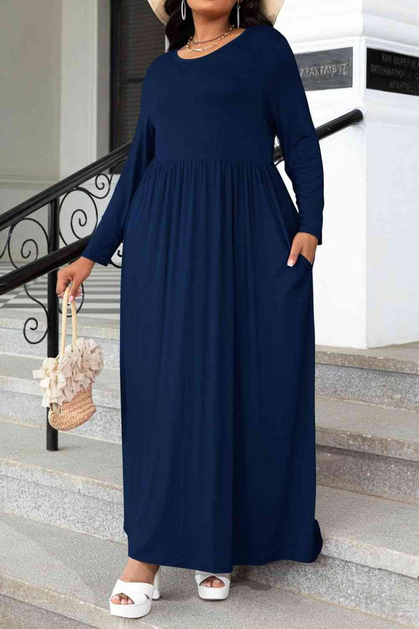 Plus Size Round Neck Long Sleeve Maxi Dress with Pockets -BazaarBey - www.shopbazaarbey.com