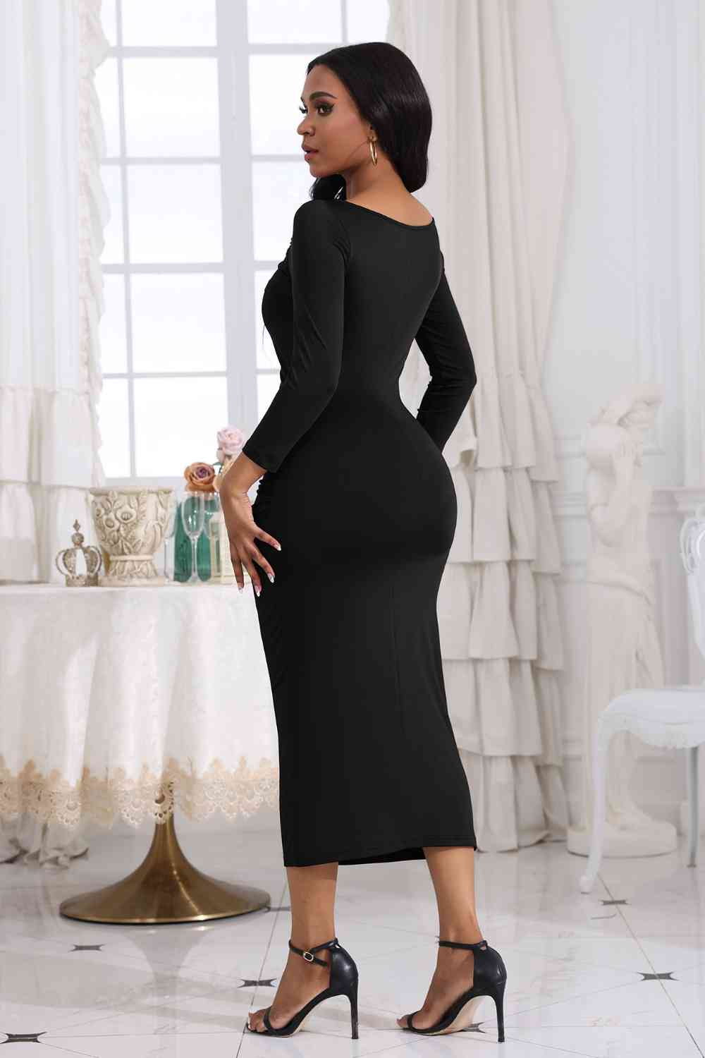 Ruched Boat Neck Midi Dress Bazaarbey
