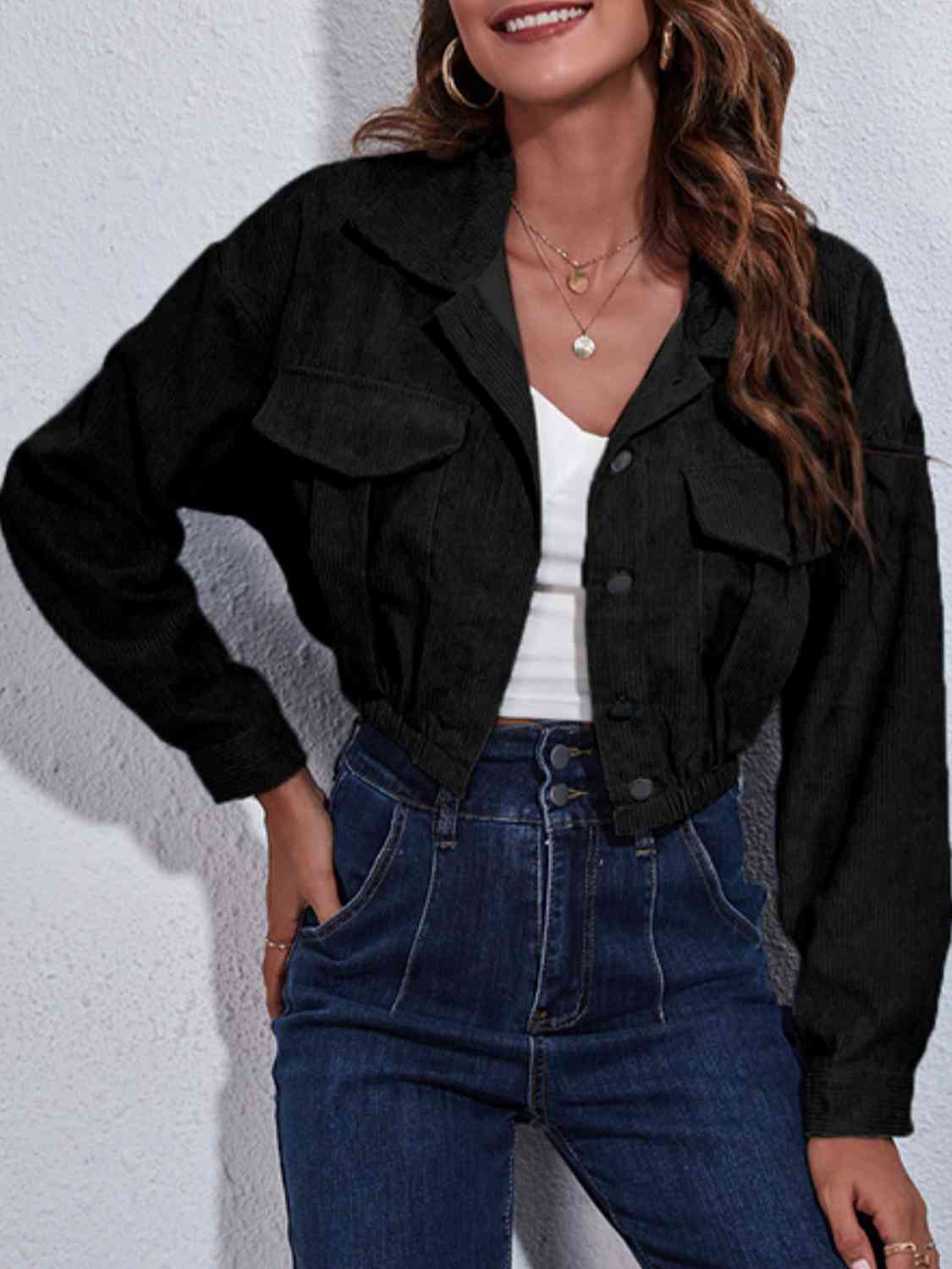 Collared Neck Dropped Shoulder Buttoned Jacket Bazaarbey