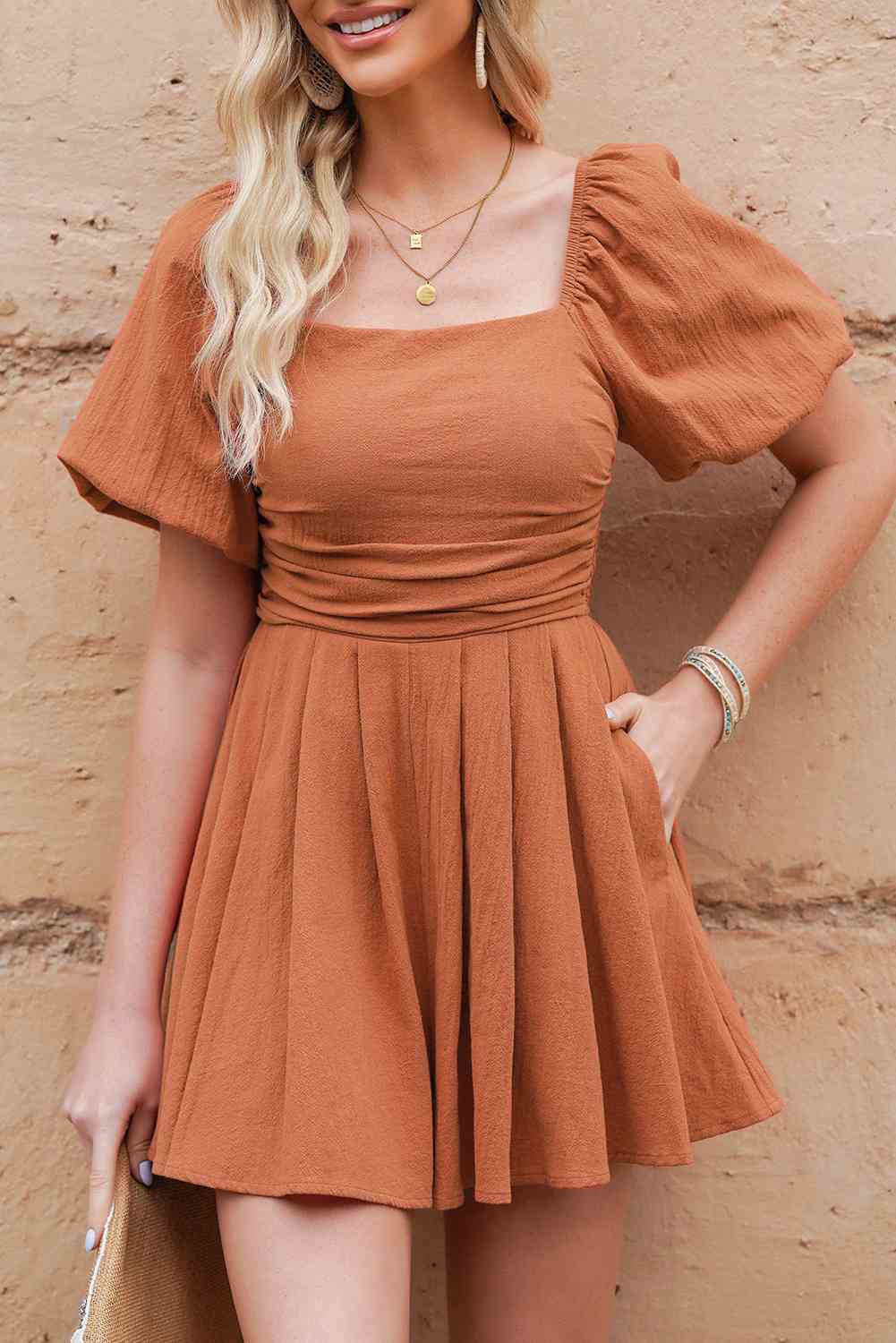 Square Neck Pleated Romper with Pockets -BazaarBey - www.shopbazaarbey.com