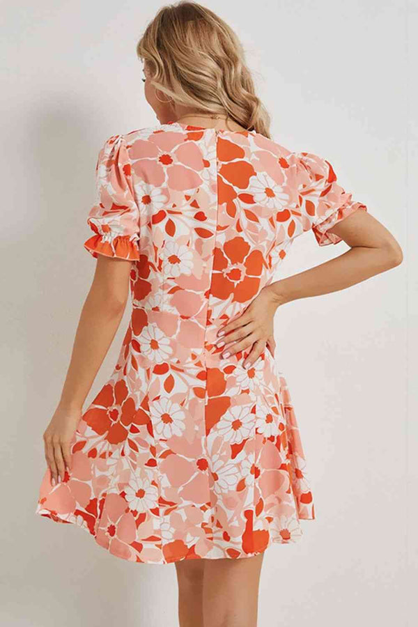 Floral  Neck Flounce Sleeve Dress -BazaarBey - www.shopbazaarbey.com