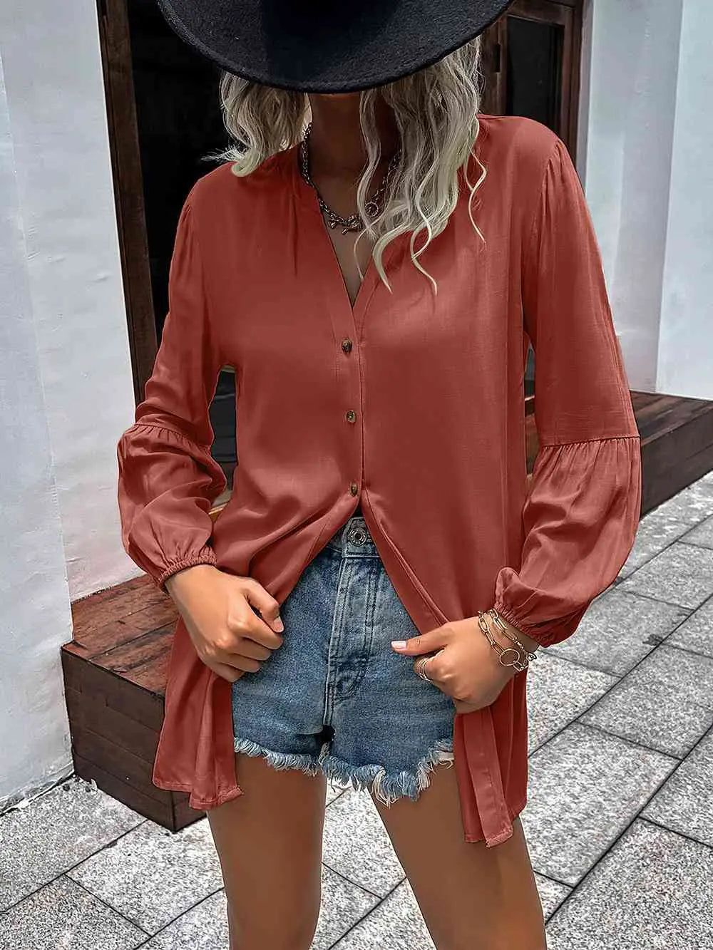  Notched Neck Balloon Sleeve Shirt Bazaarbey