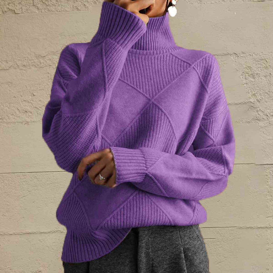 Geometric Turtleneck Long Sleeve Sweater Bazaarbey