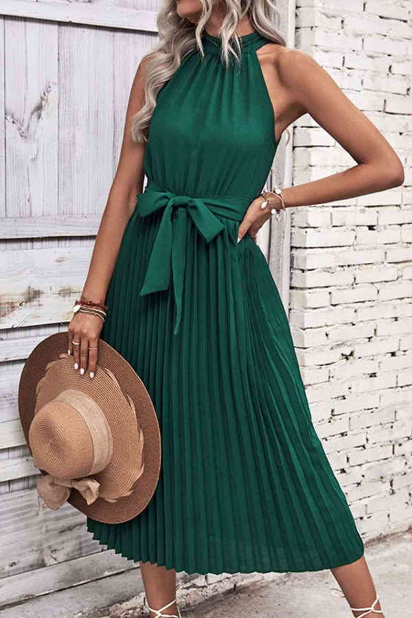 Tie Belt Pleated Midi Dress -BazaarBey - www.shopbazaarbey.com