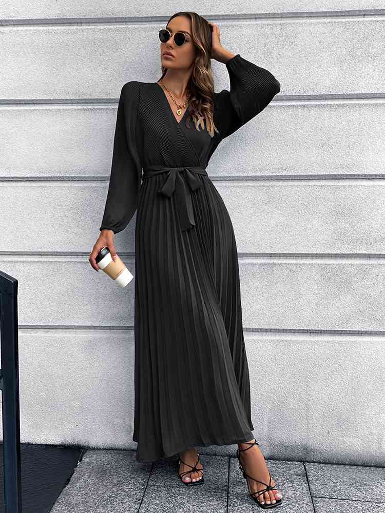 V-Neck Tie Waist Pleated Maxi Dress Bazaarbey