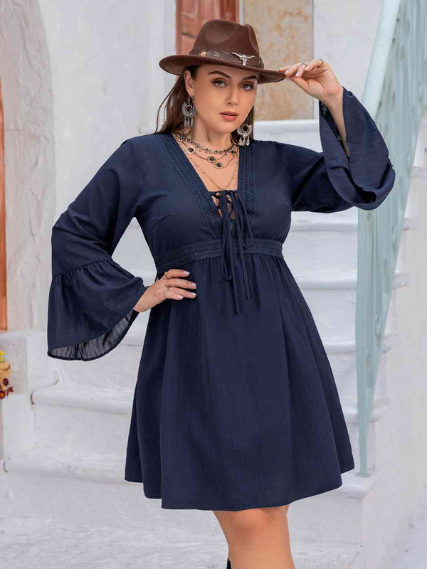 Plus Size Tie Front V-Neck Flare Sleeve Dress -BazaarBey - www.shopbazaarbey.com