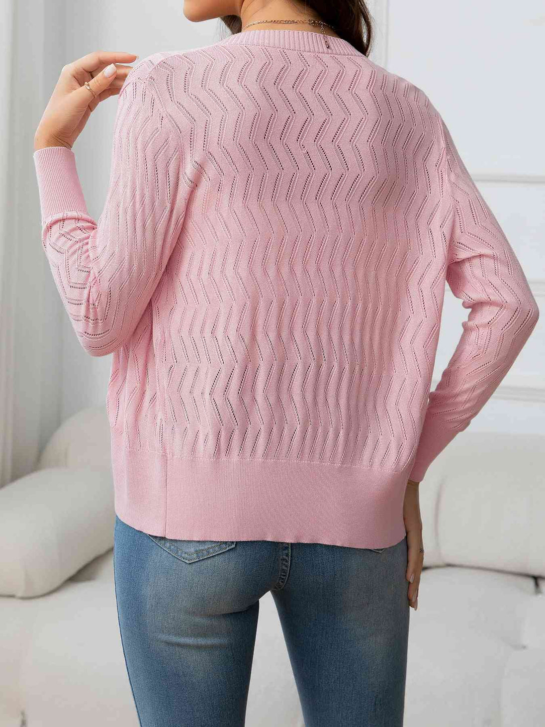 V-Neck Long Sleeve Buttoned Knit Top Trendsi