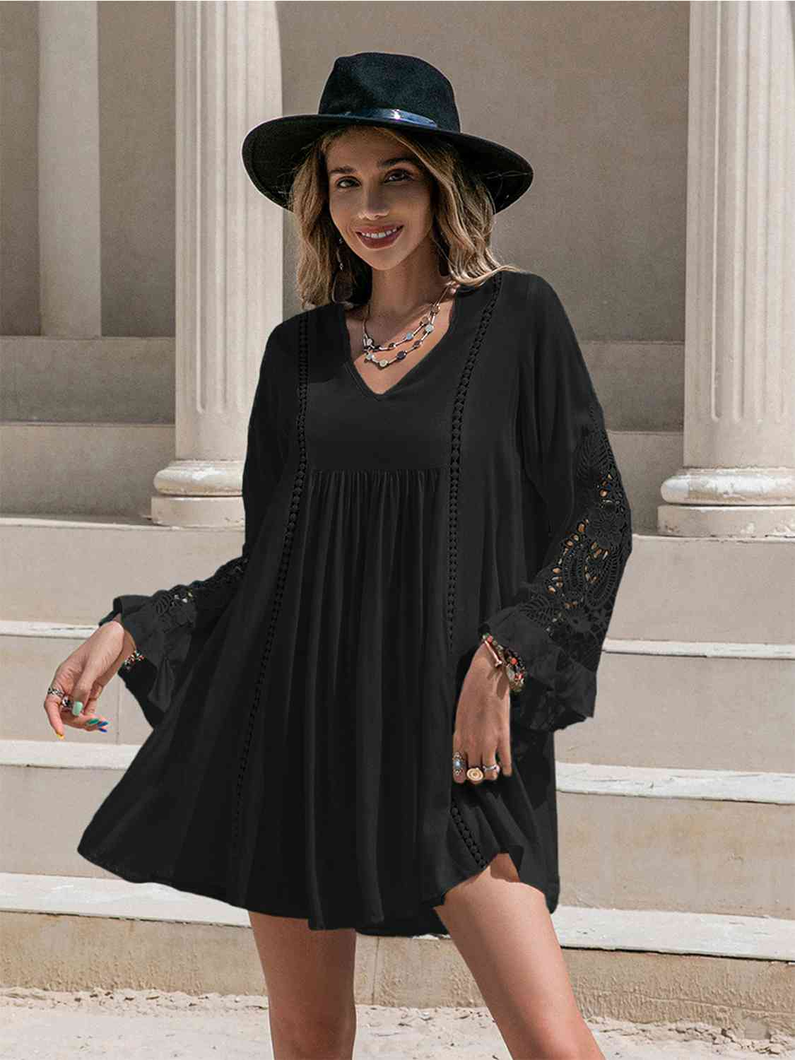 Lace Detail V-Neck Mini Dress Bazaarbey