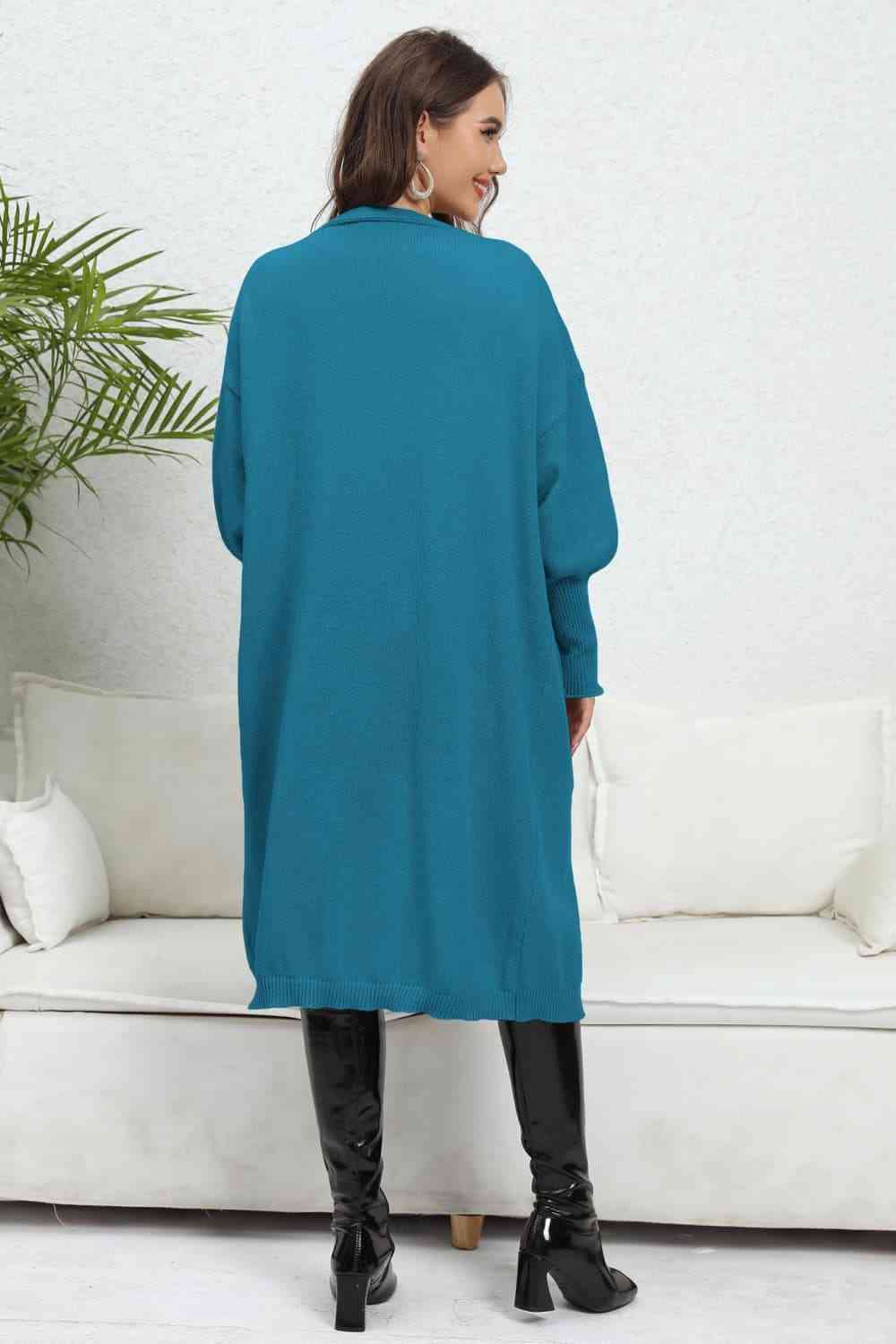 Lantern Sleeve Open Front Pocketed Cardigan Trendsi