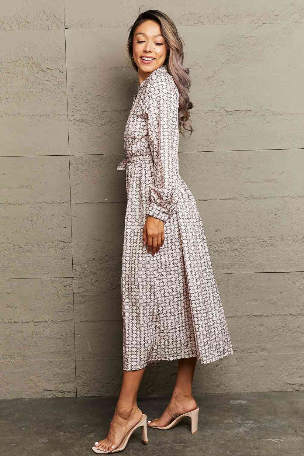 Printed Tie Waist Long Sleeve Dress -BazaarBey - www.shopbazaarbey.com