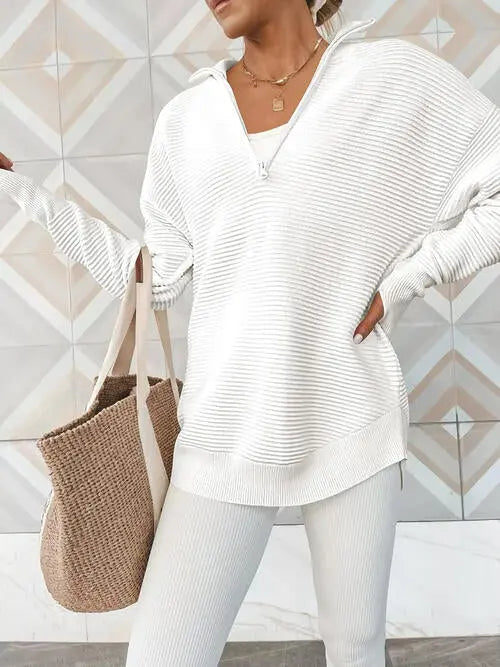 BazaarBey Half Zip Long Sleeve Knit Top Bazaarbey