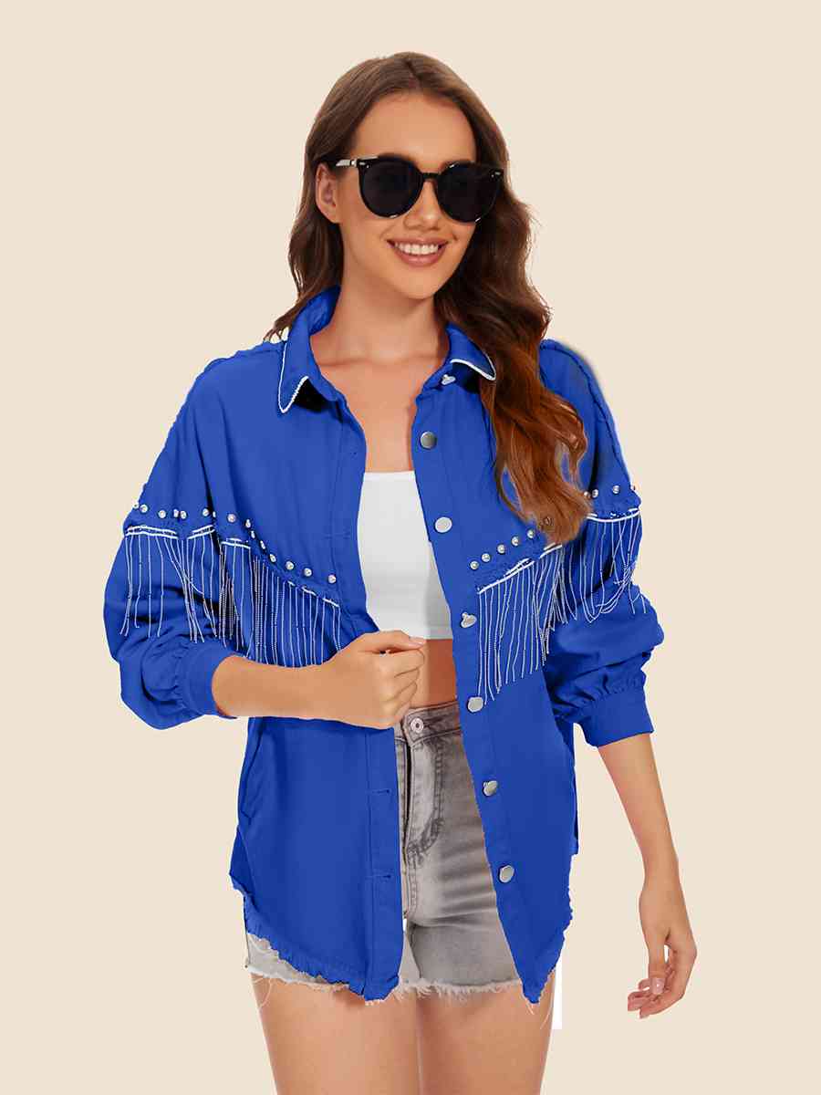 Raw Hem Fringe Detail Denim Jacket Bazaarbey