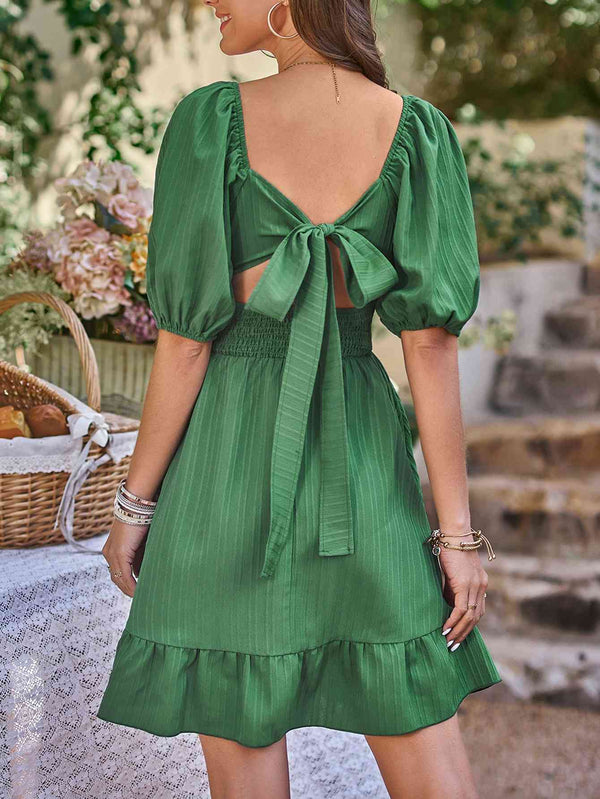 Square Neck Balloon Sleeve Tied Dress -BazaarBey - www.shopbazaarbey.com
