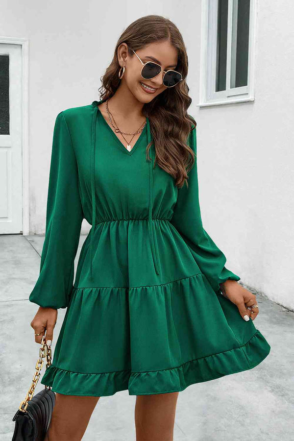 V-Neck Tie Neck Long Sleeve Dress -BazaarBey - www.shopbazaarbey.com
