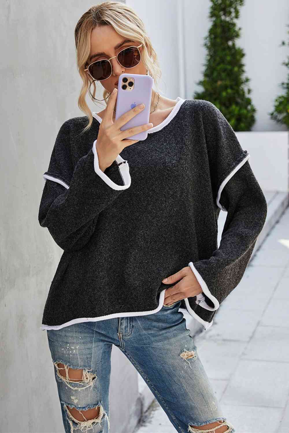 Round Neck Dropped Shoulder Sweater Bazaarbey