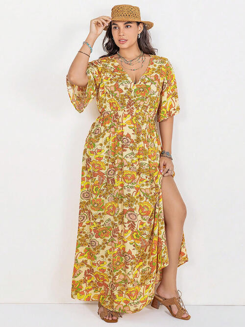 Floral V-Neck Short Sleeve Slit Dress -BazaarBey - www.shopbazaarbey.com