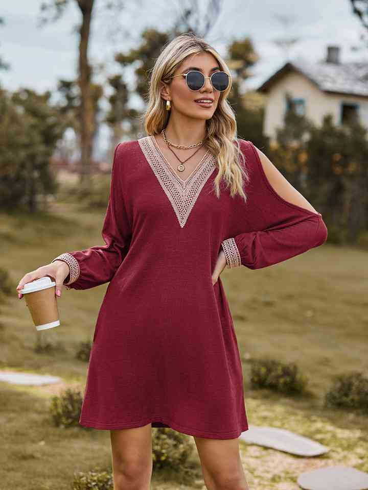 V-Neck Cutout Sleeve Mini Dress -BazaarBey - www.shopbazaarbey.com