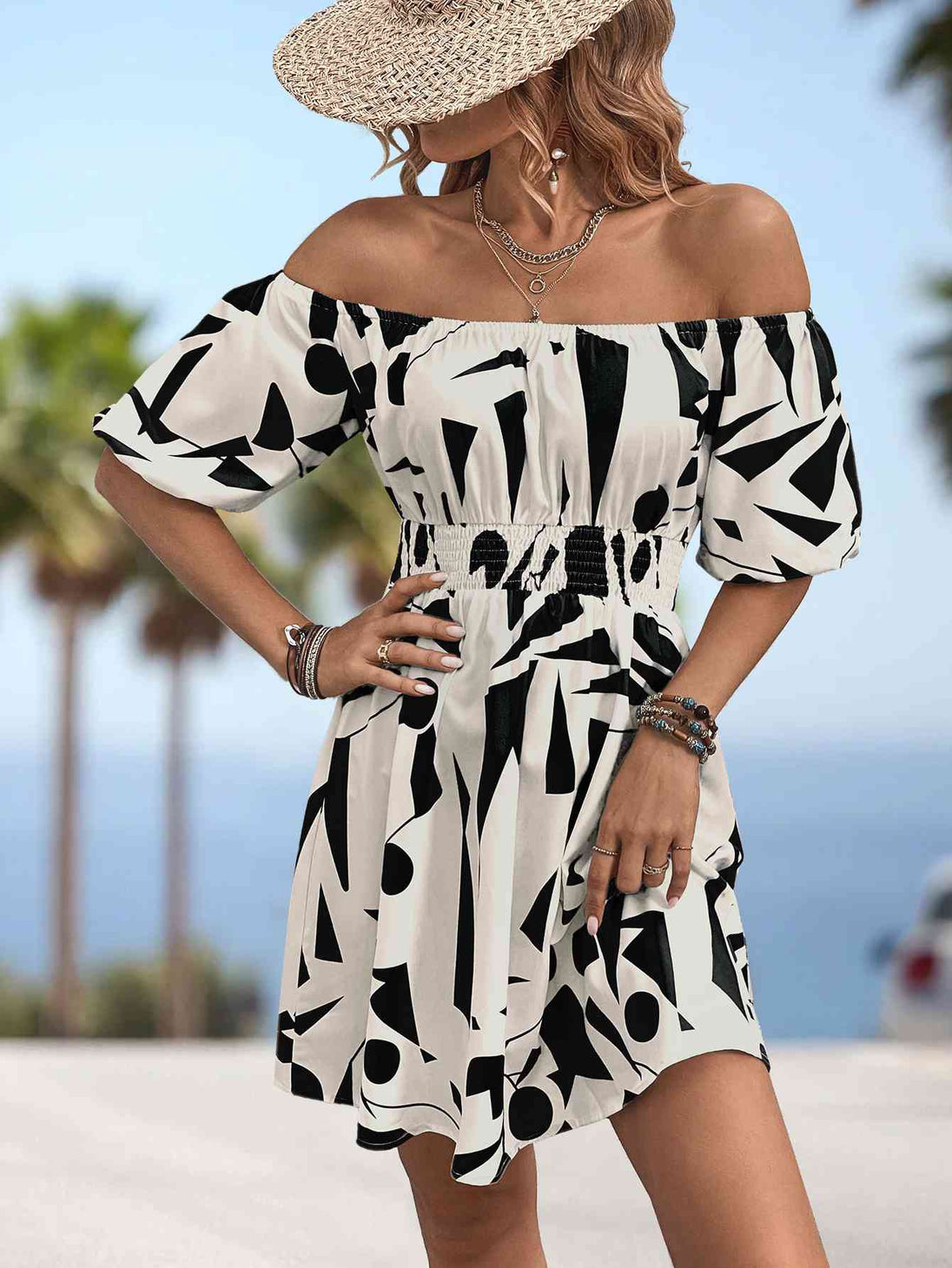 Printed Off-Shoulder Smocked Waist Dress -BazaarBey - www.shopbazaarbey.com