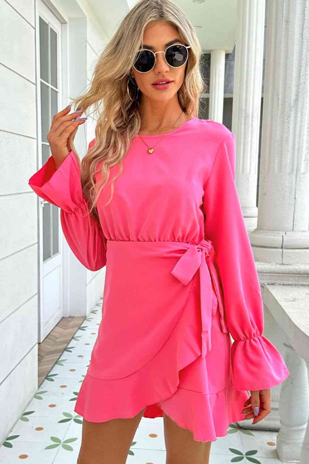 Round Neck Flounce Sleeve Ruffle Hem Mini Dress -BazaarBey - www.shopbazaarbey.com