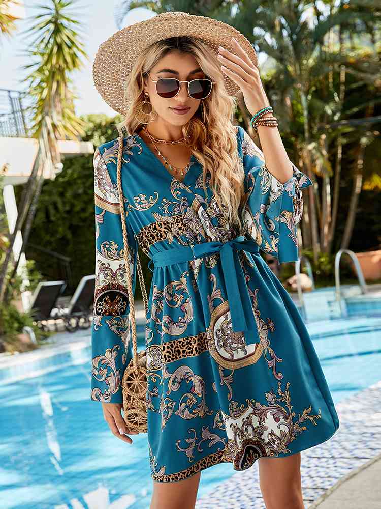 Printed Tie Belt Slit Flare Sleeve Dress -BazaarBey - www.shopbazaarbey.com