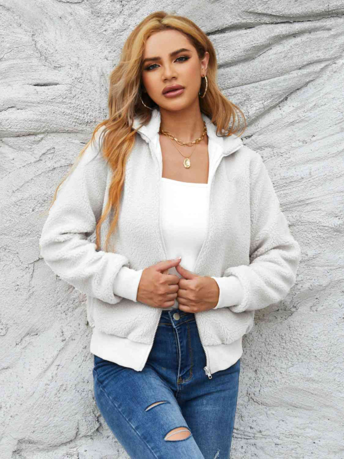 Zip Up Collared Neck Long Sleeve Jacket Trendsi