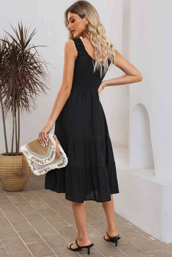 Smocked Waist Sleeveless Tiered Dress with Pockets -BazaarBey - www.shopbazaarbey.com