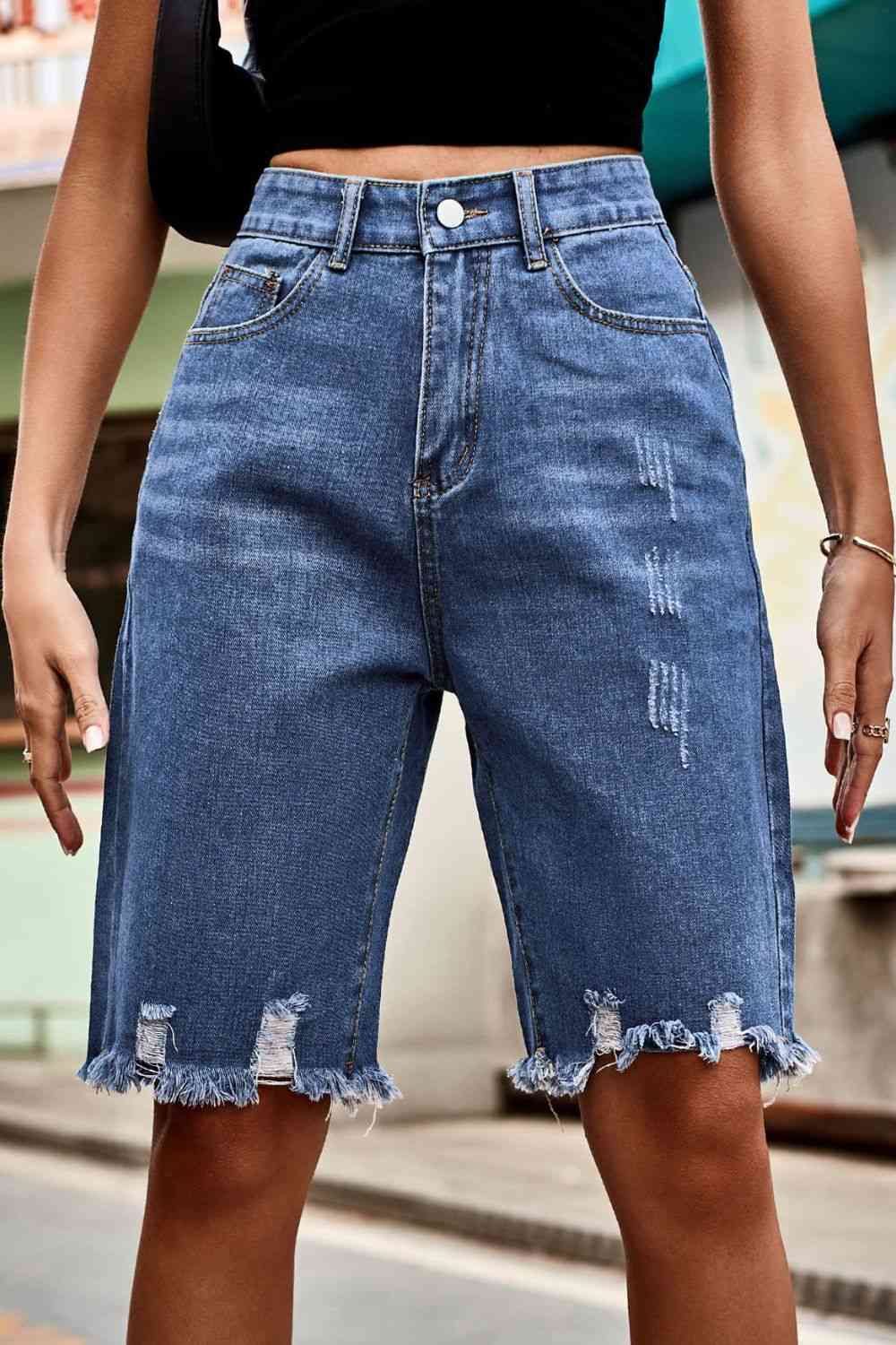 Raw Hem High Waist Denim Shorts with Pockets Bazaarbey