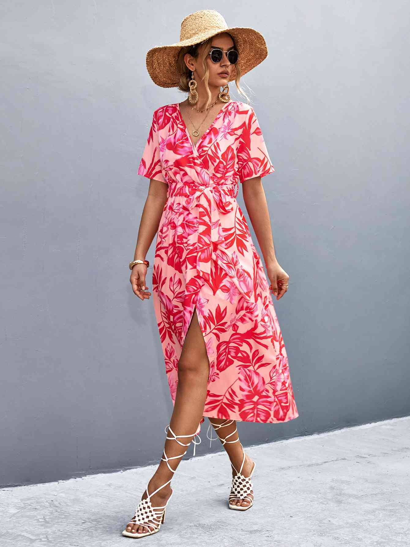 Floral Print High Slit  Neck Tie Waist Midi Dress -BazaarBey - www.shopbazaarbey.com