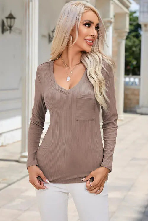 BazaarBey Ribbed V-Neck Long Sleeve Blouse with Pocket Bazaarbey