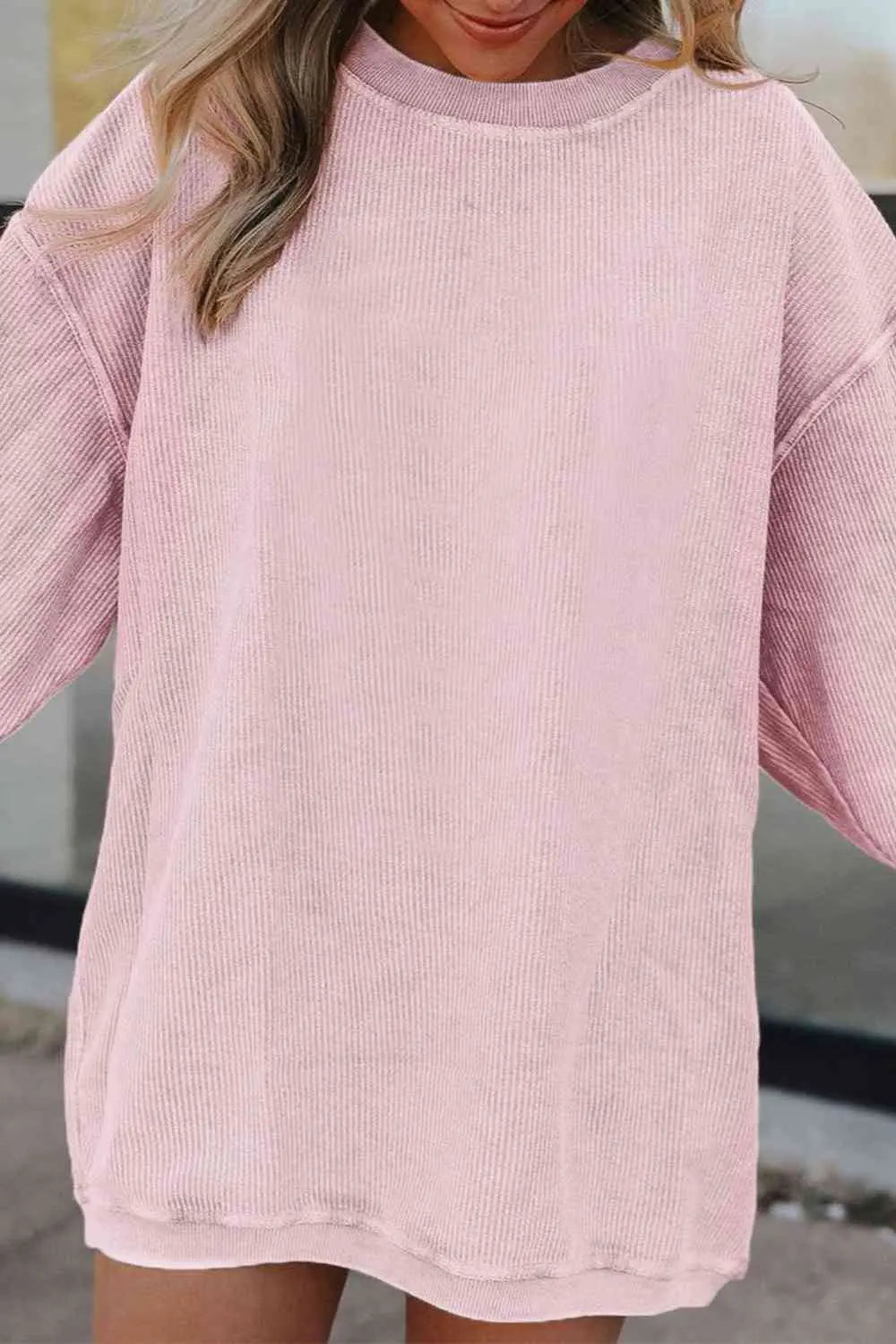 Ribbed Round Neck Drop Shoulder Sweatshirt Bazaarbey