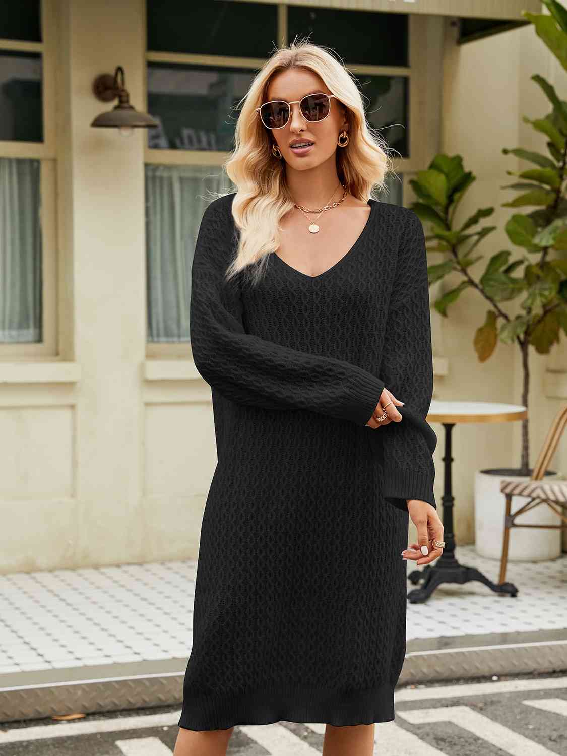 V-Neck Long Sleeve Sweater Dress Bazaarbey