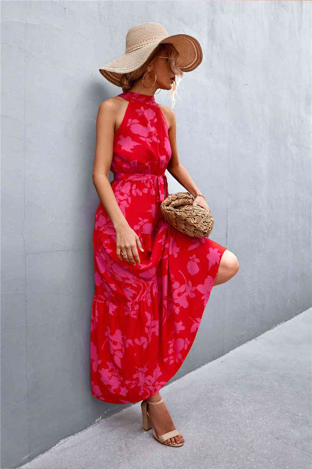 Printed Sleeveless Tie Waist Maxi Dress Bazaarbey