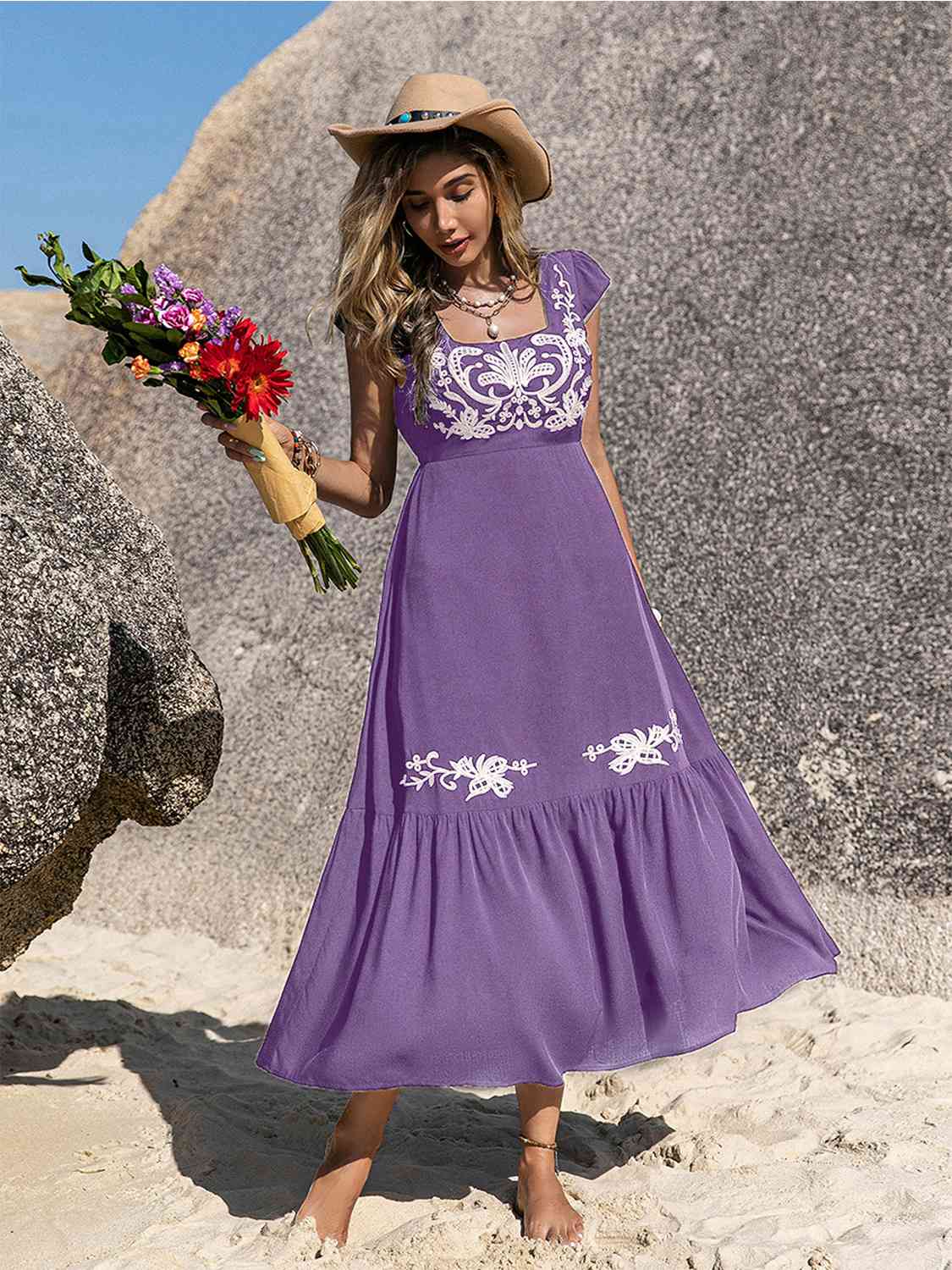 Embroidered Square Neck Ruffle Hem Dress -BazaarBey - www.shopbazaarbey.com