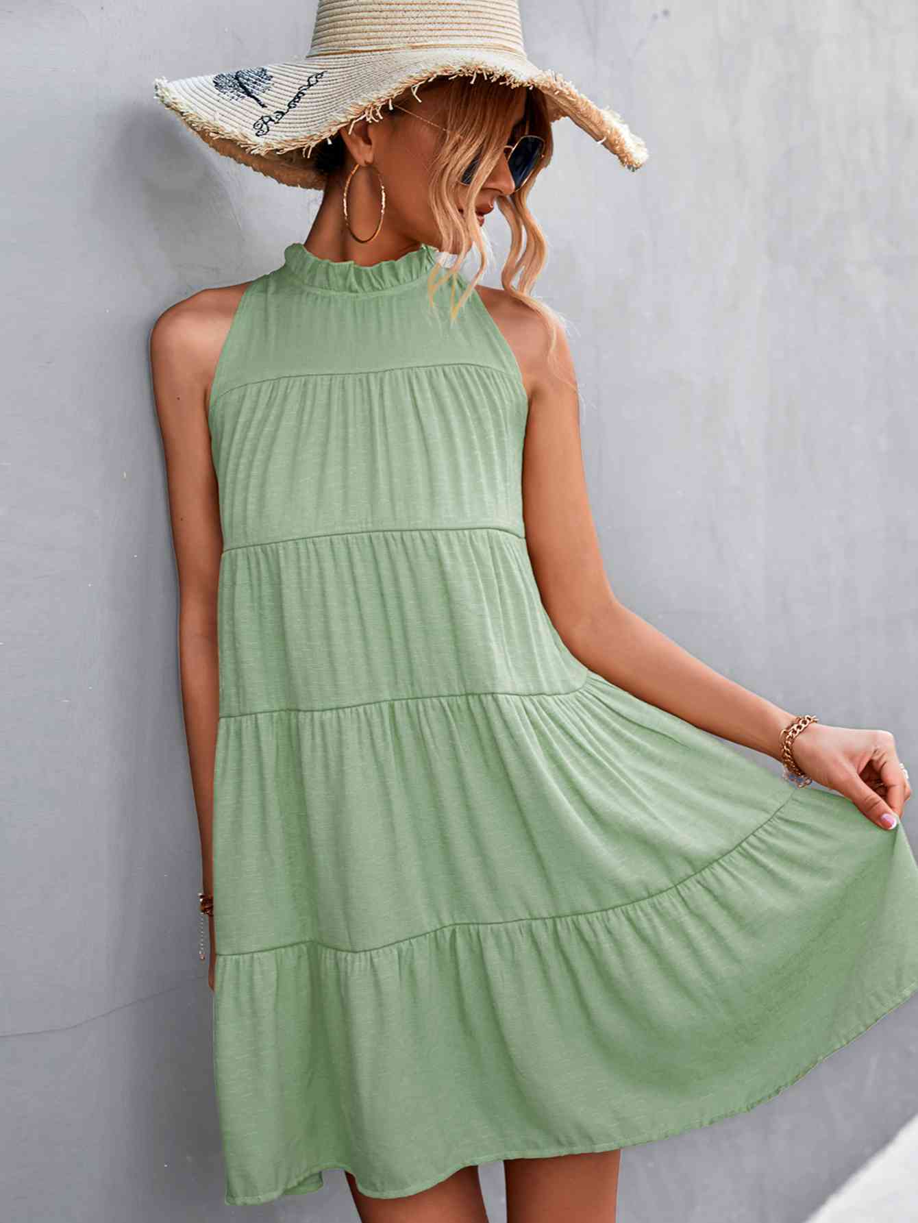 Tie Back Mock Neck Tiered Dress -BazaarBey - www.shopbazaarbey.com