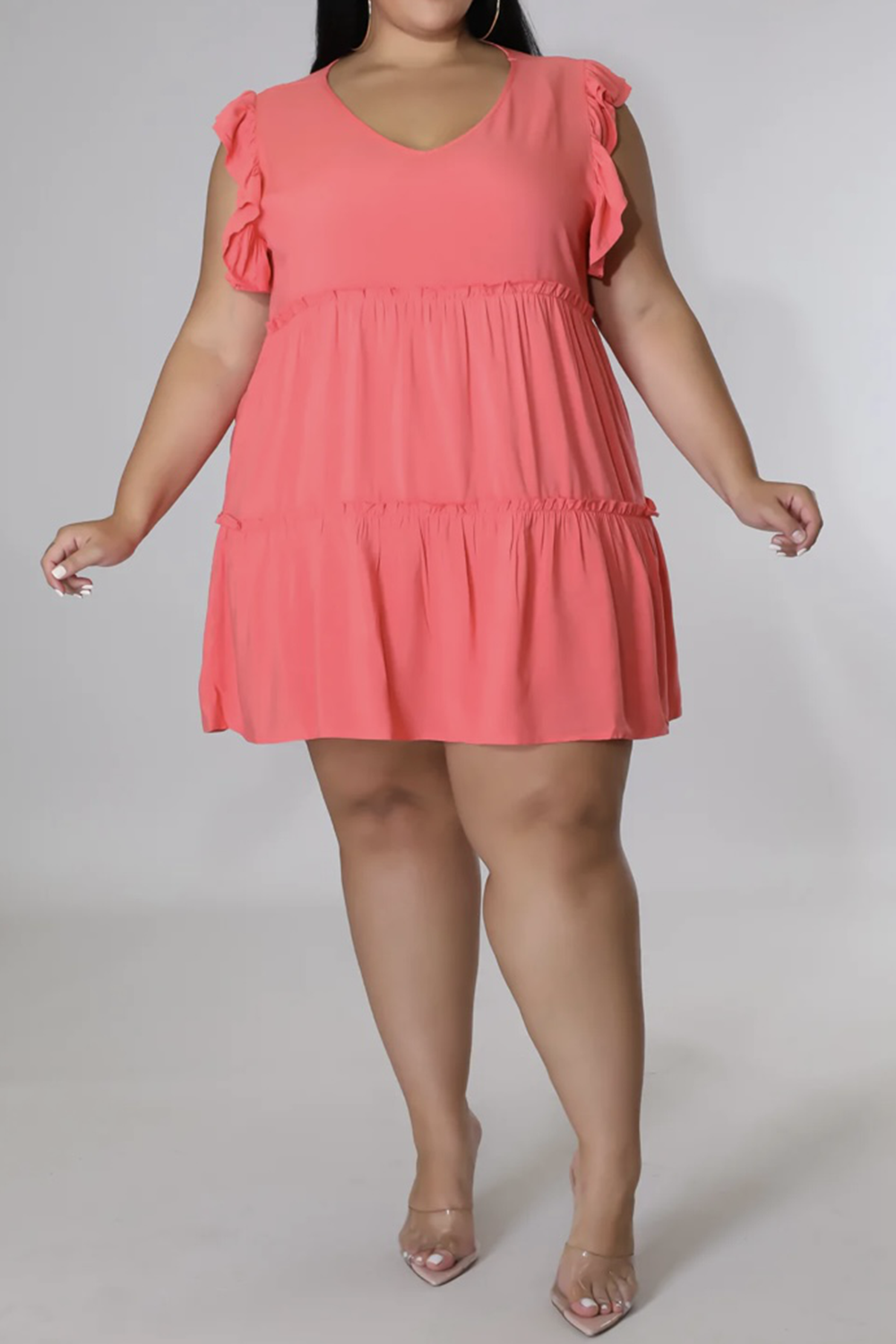 Plus Size V-Neck Frill Trim Mini Dress -BazaarBey - www.shopbazaarbey.com