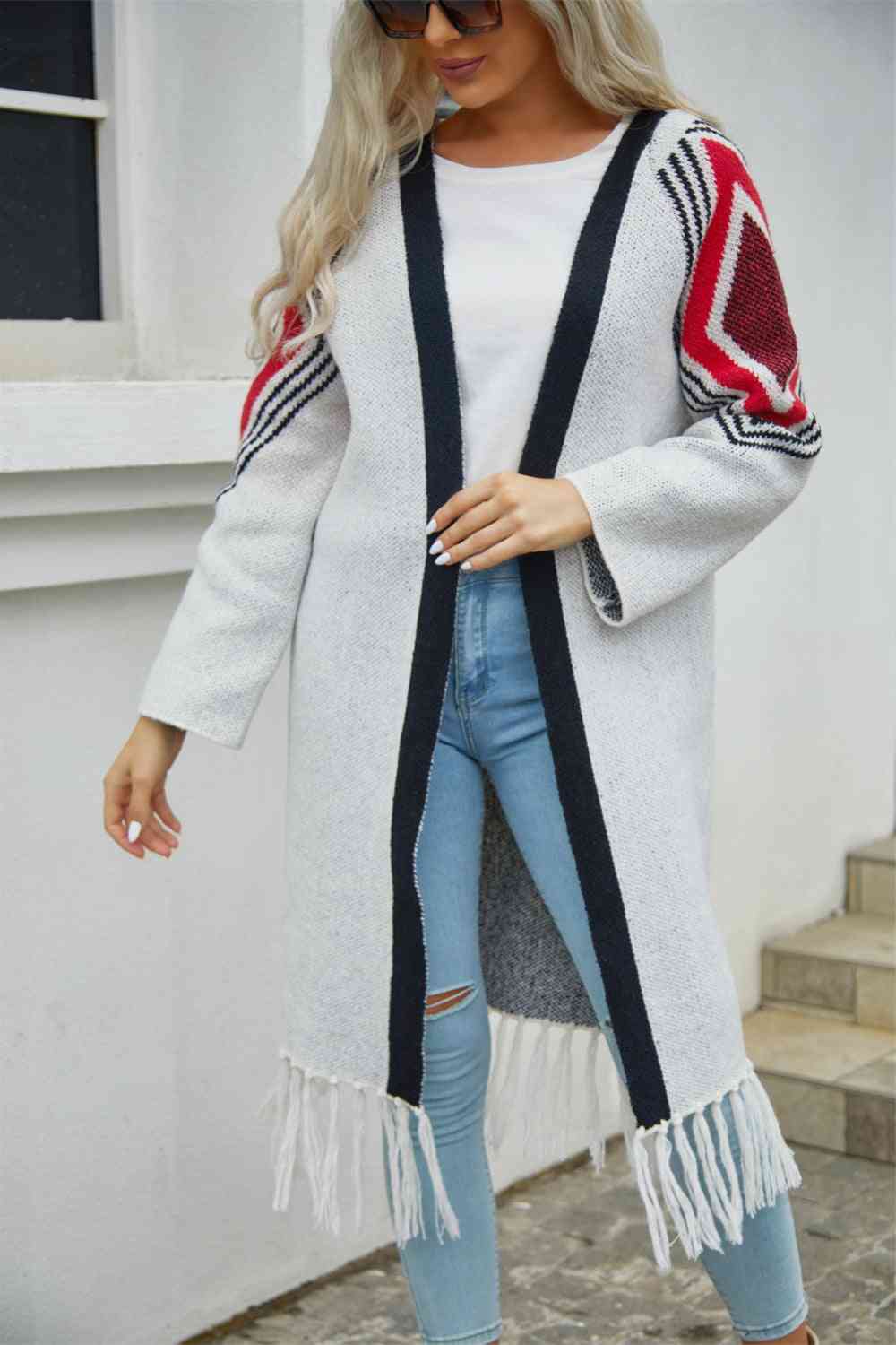  Geometric  Hem Open Front Duster Cardigan Bazaarbey