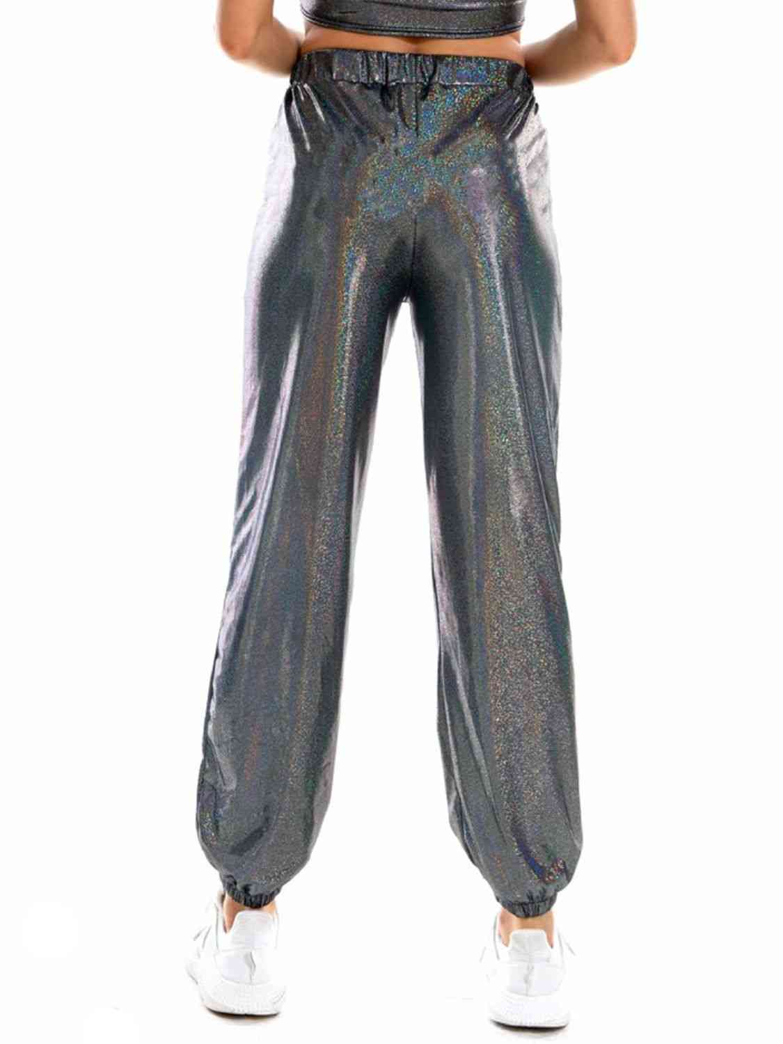 Glitter Elastic Waist Pants with Pockets Bazaarbey