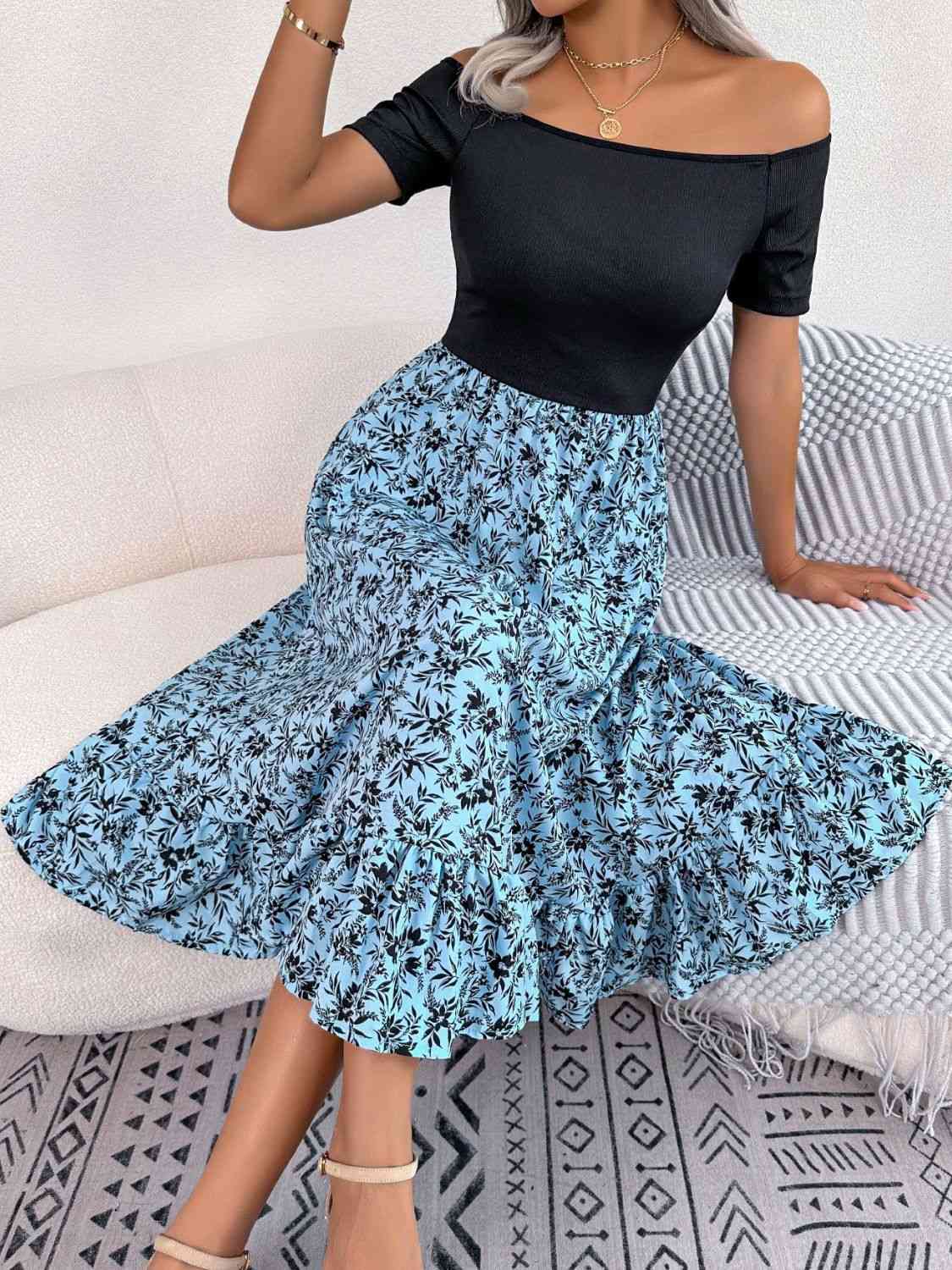 Printed Off-Shoulder Ruffle Hem Dress -BazaarBey - www.shopbazaarbey.com