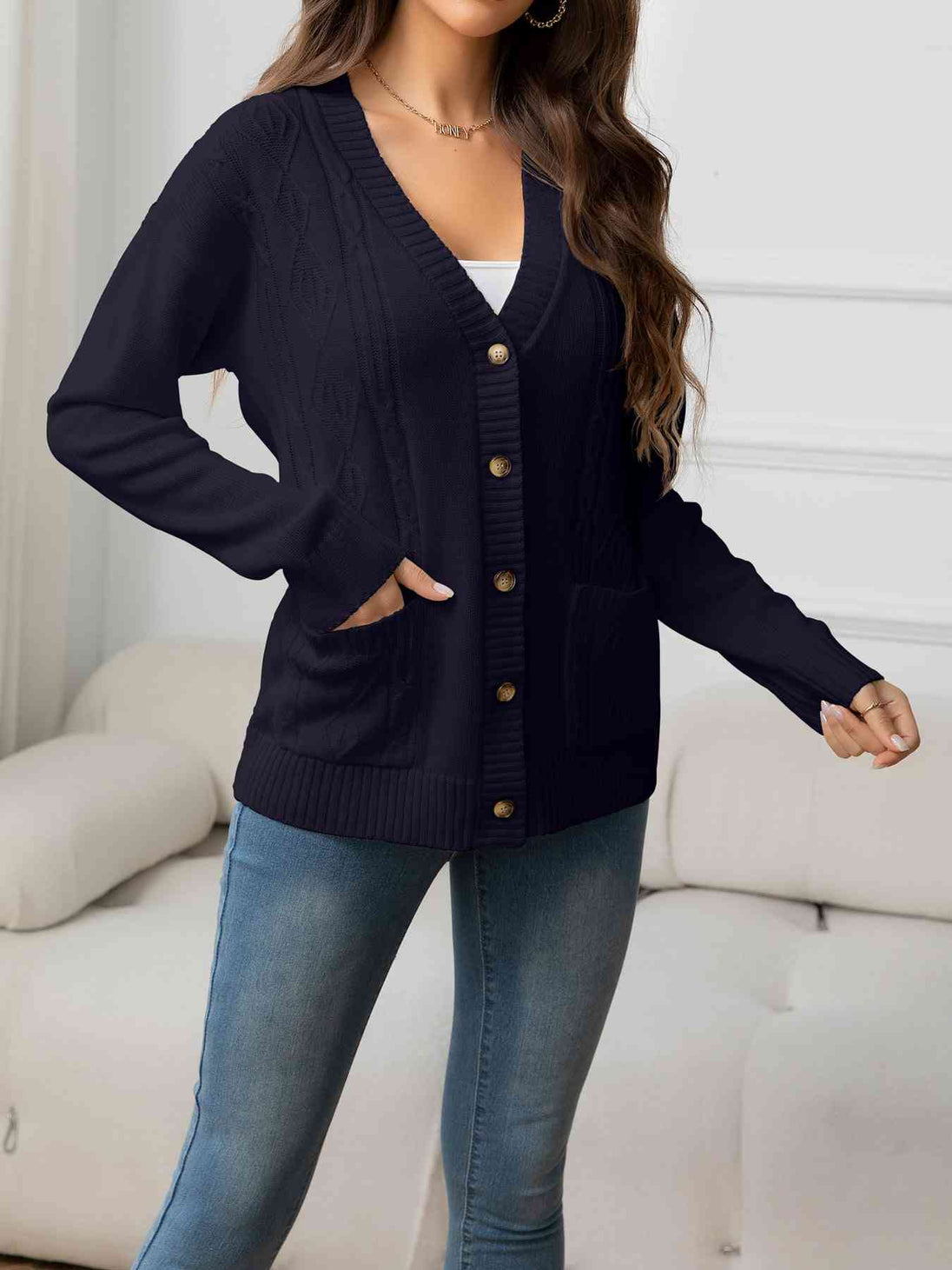V-Neck Long Sleeve Buttoned Knit Top with Pocket Trendsi