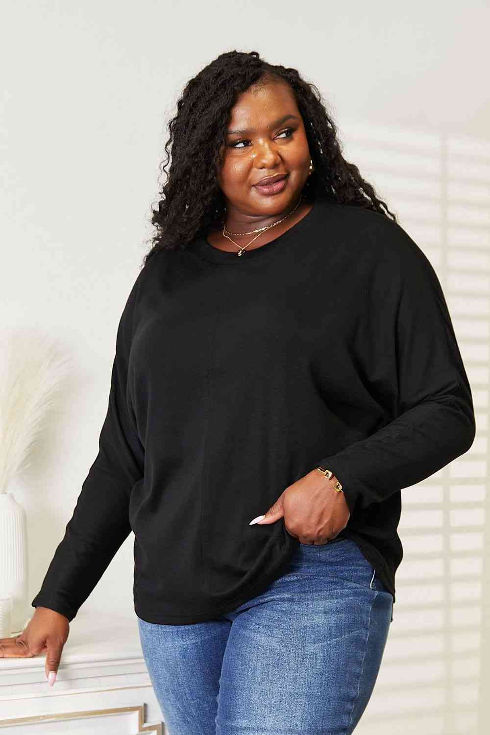  Seam Detail Round Neck Long Sleeve Top Trendsi