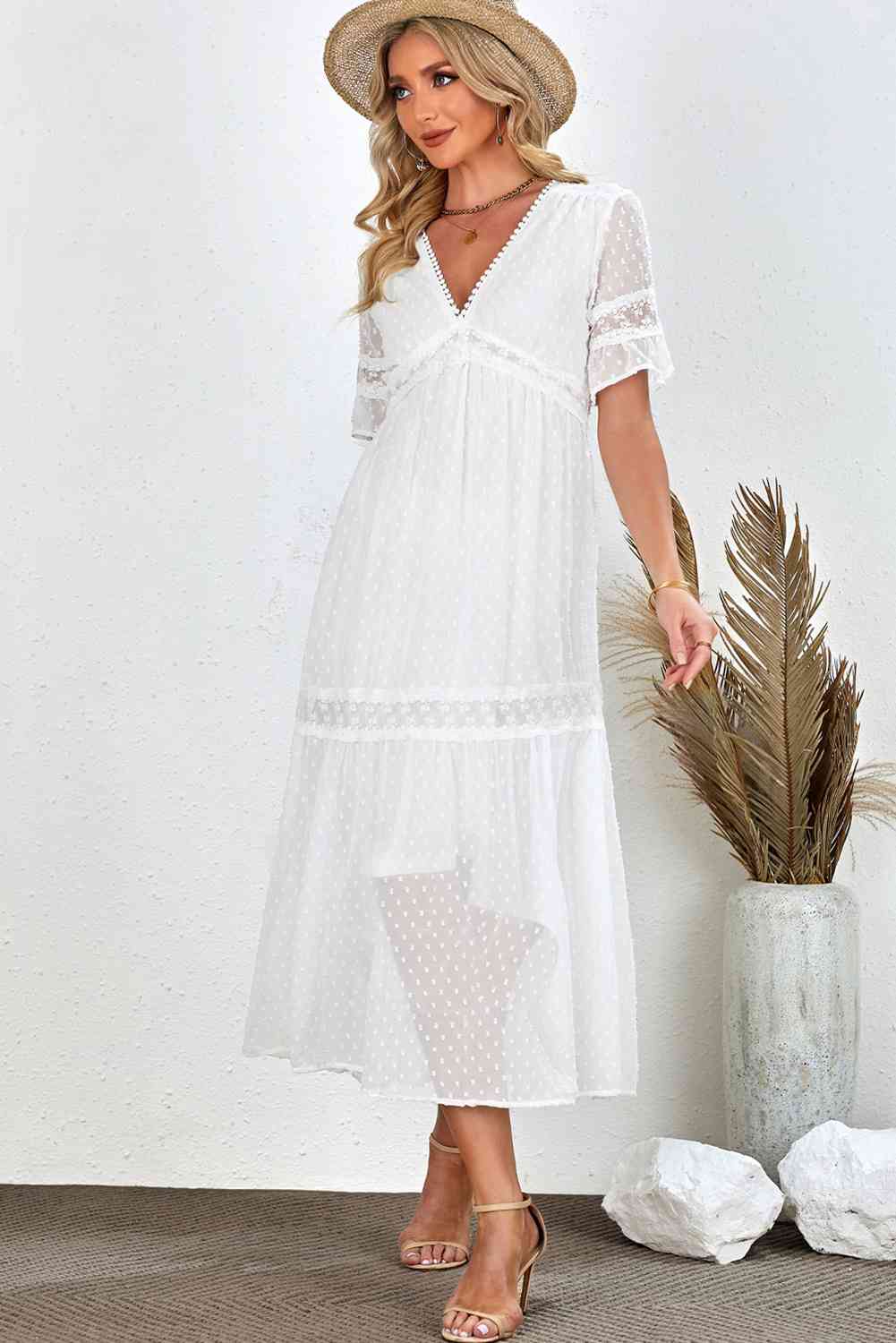  V-Neck Short Sleeve Midi Dress -BazaarBey - www.shopbazaarbey.com
