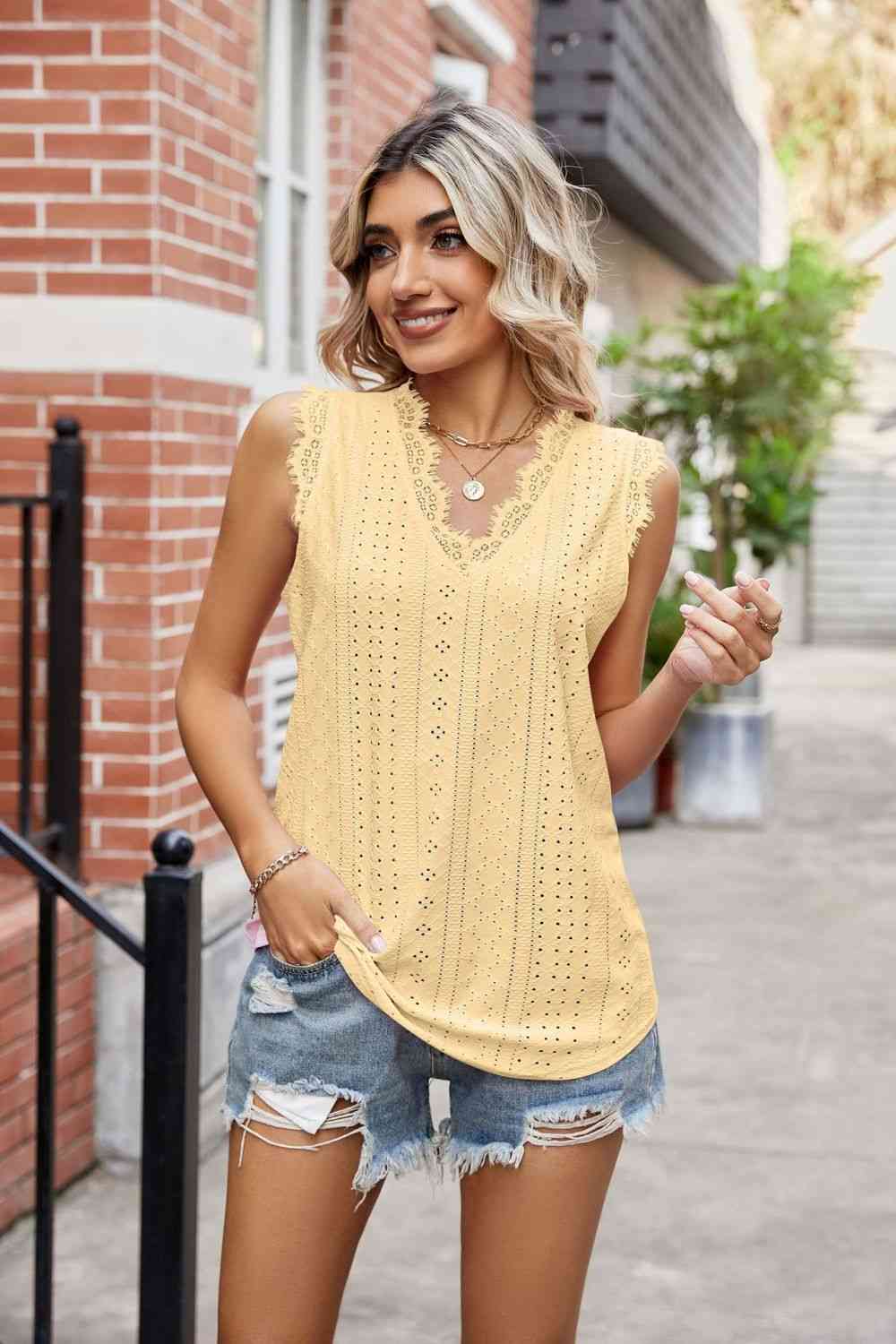  Lace Trim Eyelash V-Neck Tank Bazaarbey