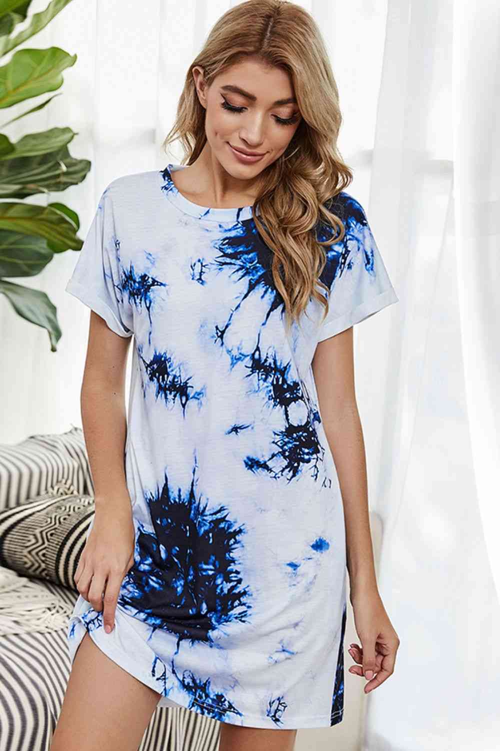 Tie-Dye Round Neck Tee Dress with Pockets -BazaarBey - www.shopbazaarbey.com