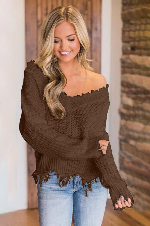 Frayed Hem Dropped Shoulder Sweater Bazaarbey