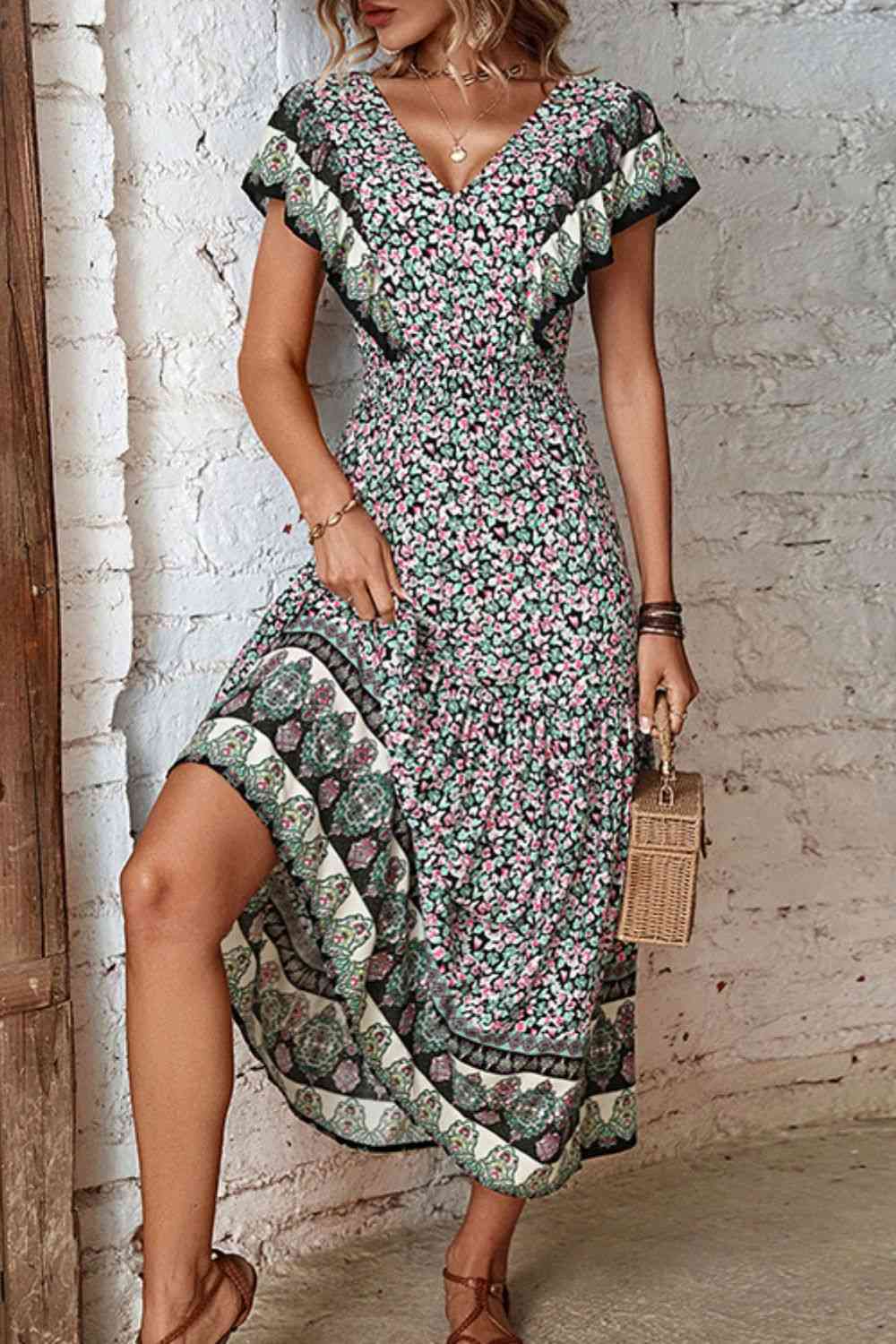  Floral Ruffled Plunge Dress -BazaarBey - www.shopbazaarbey.com