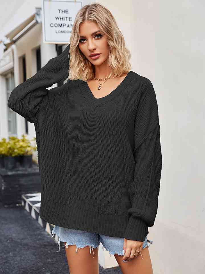 V-Neck Ribbed Dropped Shoulder Knit Top Trendsi