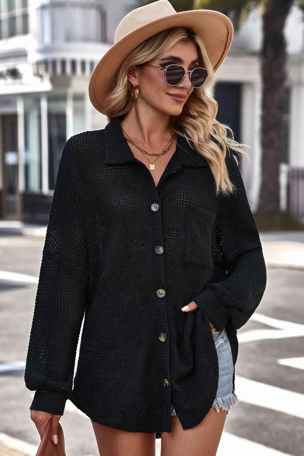 Waffle-Knit Collared Neck Dropped Shoulder Shirt Trendsi