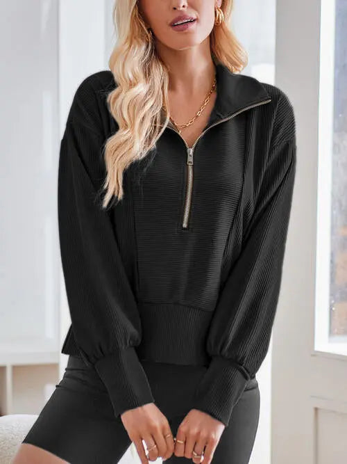 Ribbed Half Zip Collared Neck Sweatshirt Bazaarbey